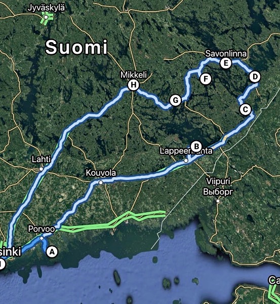 Retkeilyautolla Itä-Suomessa, reittikartta